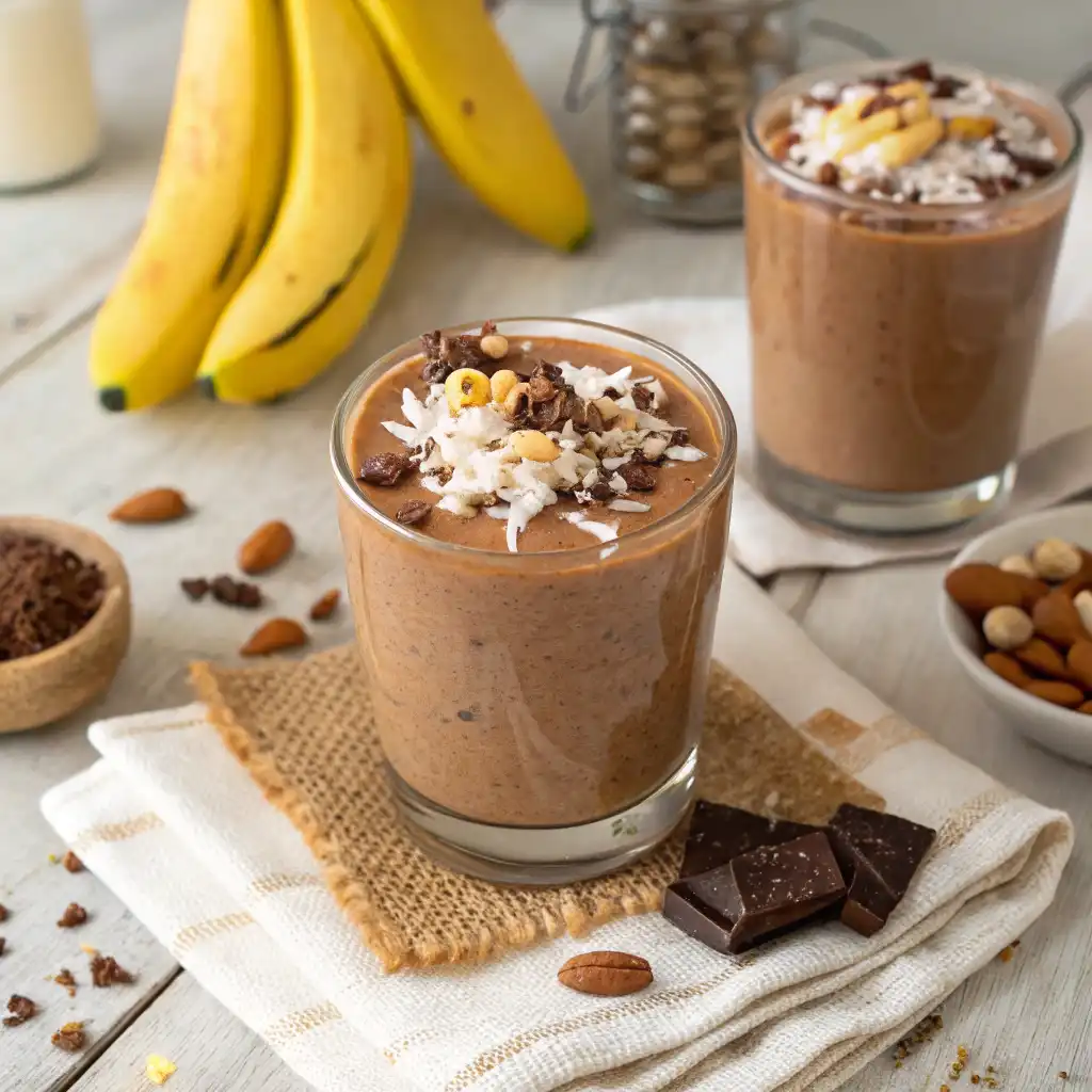 Creamy German chocolate smoothie in a glass, topped with chocolate chips, shredded coconut, and a swirl of peanut butter, with a banana on the side.