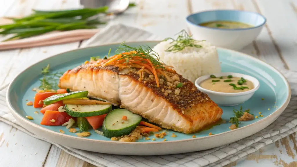 Pan-fried salmon belly with crispy edges, tender interior, steamed vegetables, rice, and dipping sauce.