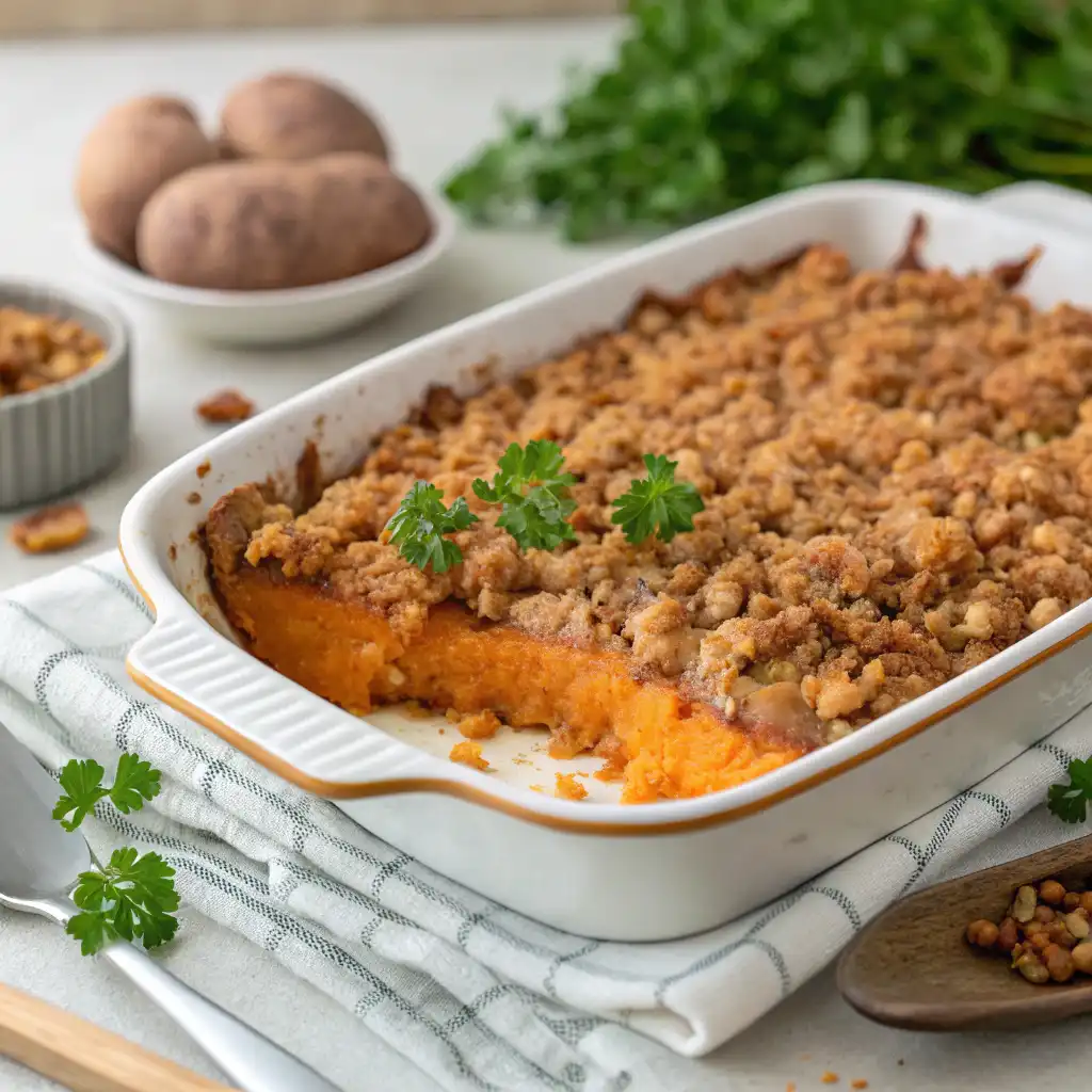 A close-up of Sweet Potato Crunch with a golden pecan topping served in a dish.