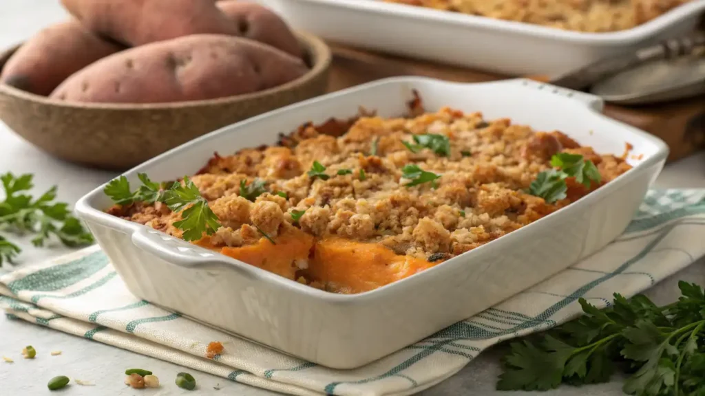 A warm dish of Sweet Potato Crunch topped with a golden, crispy pecan crumble.