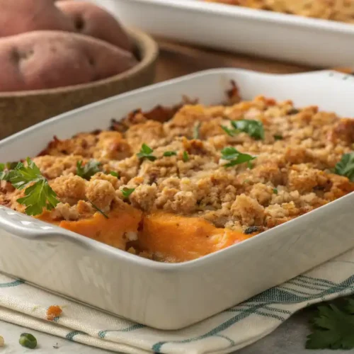 A warm dish of Sweet Potato Crunch topped with a golden, crispy pecan crumble.