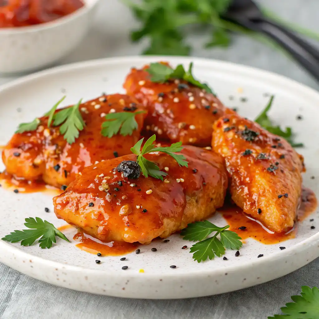 A close-up shot of tender, juicy Catalina Chicken glazed with sweet and tangy Catalina dressing, garnished with fresh parsley and a sprinkle of black pepper.