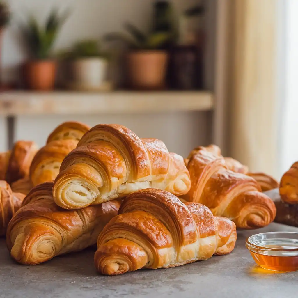 A plate of golden, flaky Swiss gipfeli, freshly baked and ready to enjoy.