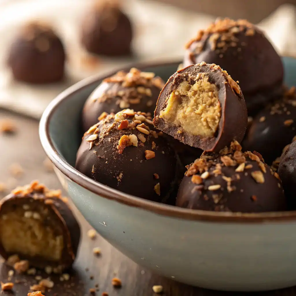 Plate of pecan pie balls topped with chopped pecans, ready to serve.