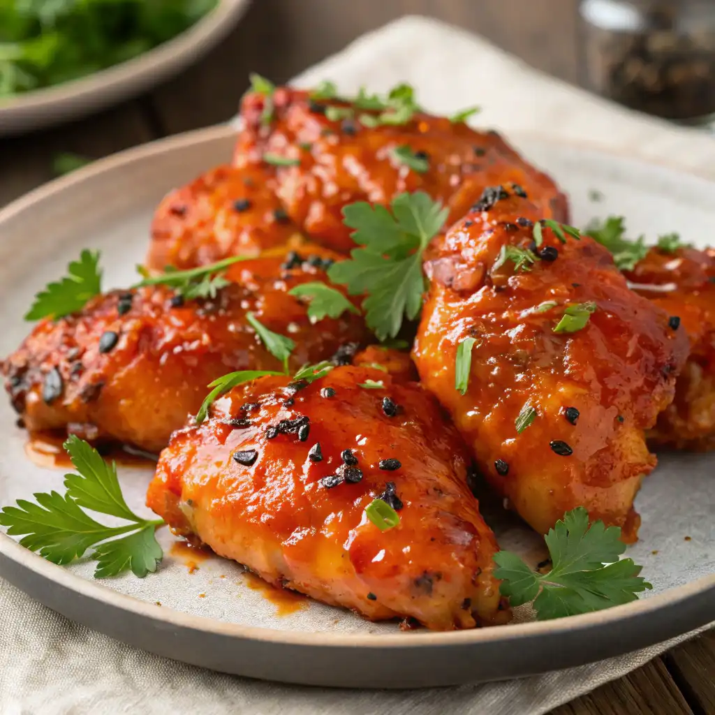 Close-up shot of tender Catalina Chicken glazed with sweet and tangy Catalina dressing, garnished with parsley and black pepper.