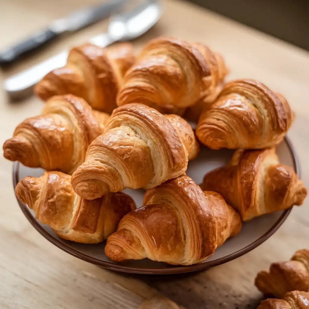 A plate of freshly baked Swiss gipfeli with a golden, flaky crust, arranged neatly and ready to serve.