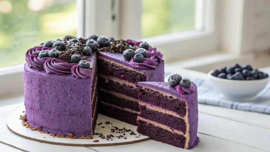 A luxurious four-layer purple velvet cake with piped frosting swirls and sugared blueberries, featuring a slice removed to reveal the moist interior.