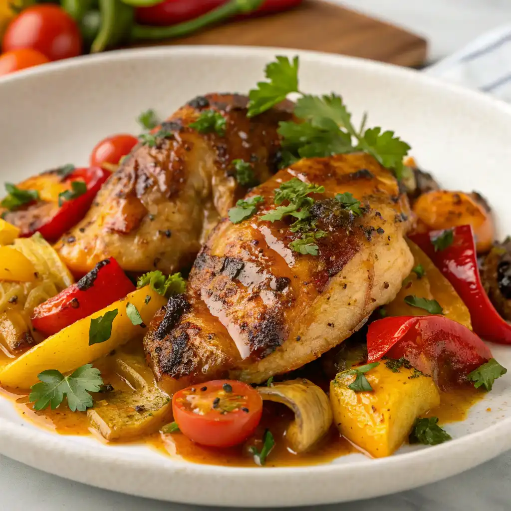 A beautifully plated Cava chicken with juicy grilled chicken, roasted vegetables, golden glaze, and parsley garnish.