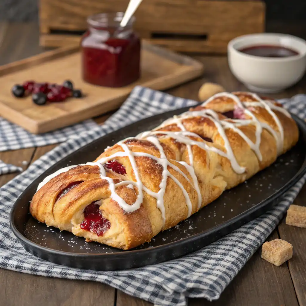 A golden-brown braided pastry filled with fruit jam, drizzled with white icing, on a black serving platter over a checkered kitchen towel.