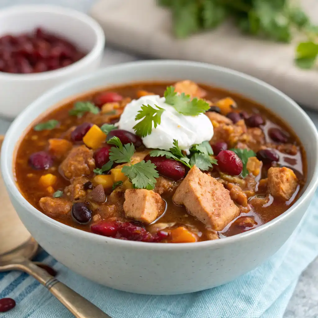 A bowl of turkey cranberry chili with ground turkey, cranberries, kidney beans, and a garnish of cilantro and sour cream.