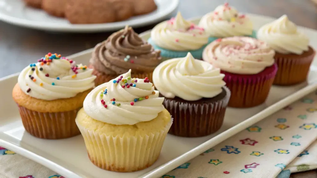 Dairy-free cupcakes with non-dairy frosting, decorated with sprinkles.