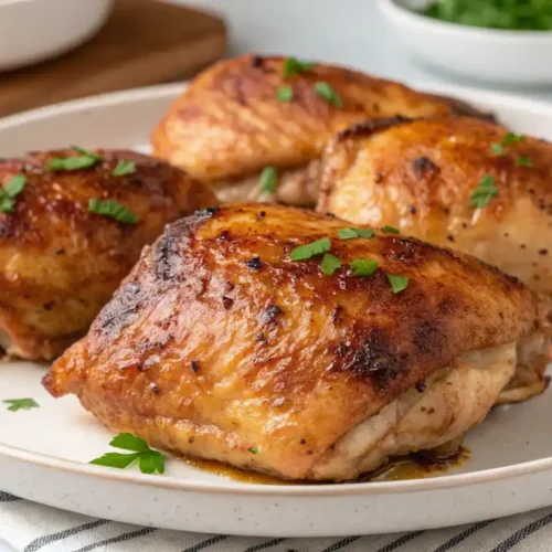 Crispy baked chicken thighs on a plate with herbs and roasted vegetables.