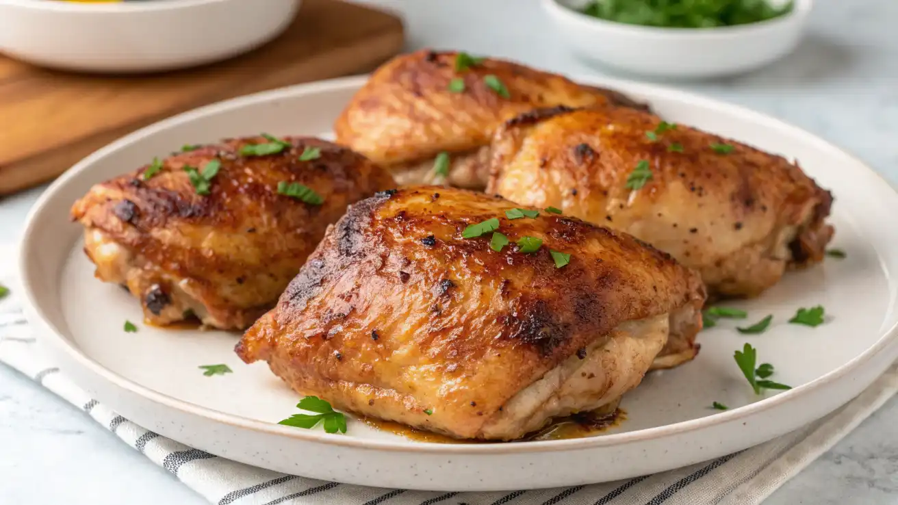 Crispy baked chicken thighs on a plate with herbs and roasted vegetables.