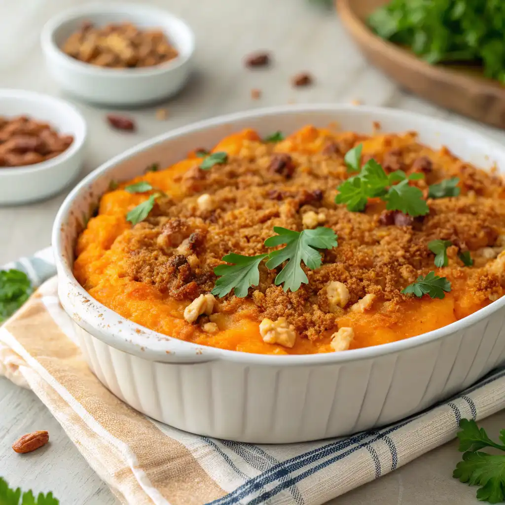 Close-up of a golden, crispy Sweet Potato Crunch with pecan topping in a baking dish.