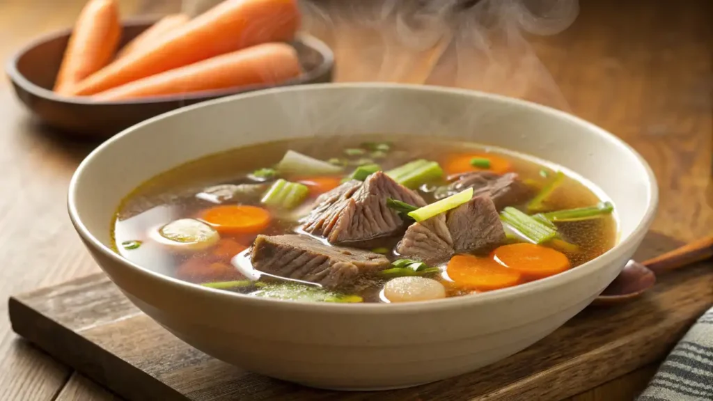 A pot of rich, homemade bone broth with soup bones, vegetables, and herbs simmering on a stove.