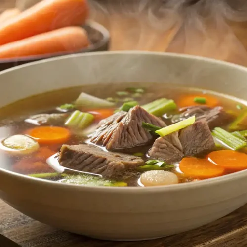 A pot of rich, homemade bone broth with soup bones, vegetables, and herbs simmering on a stove.