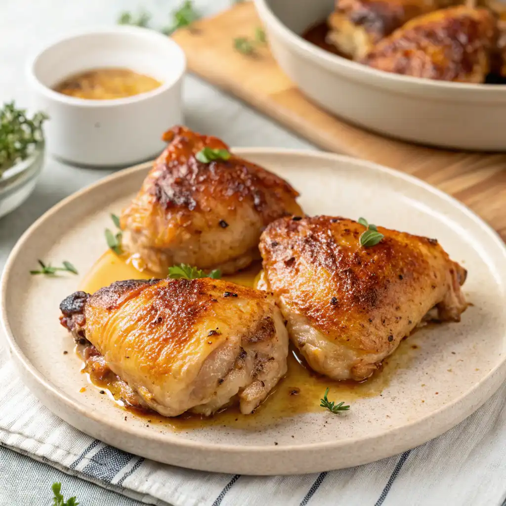 Crispy baked chicken thighs served with fresh herbs and sides.