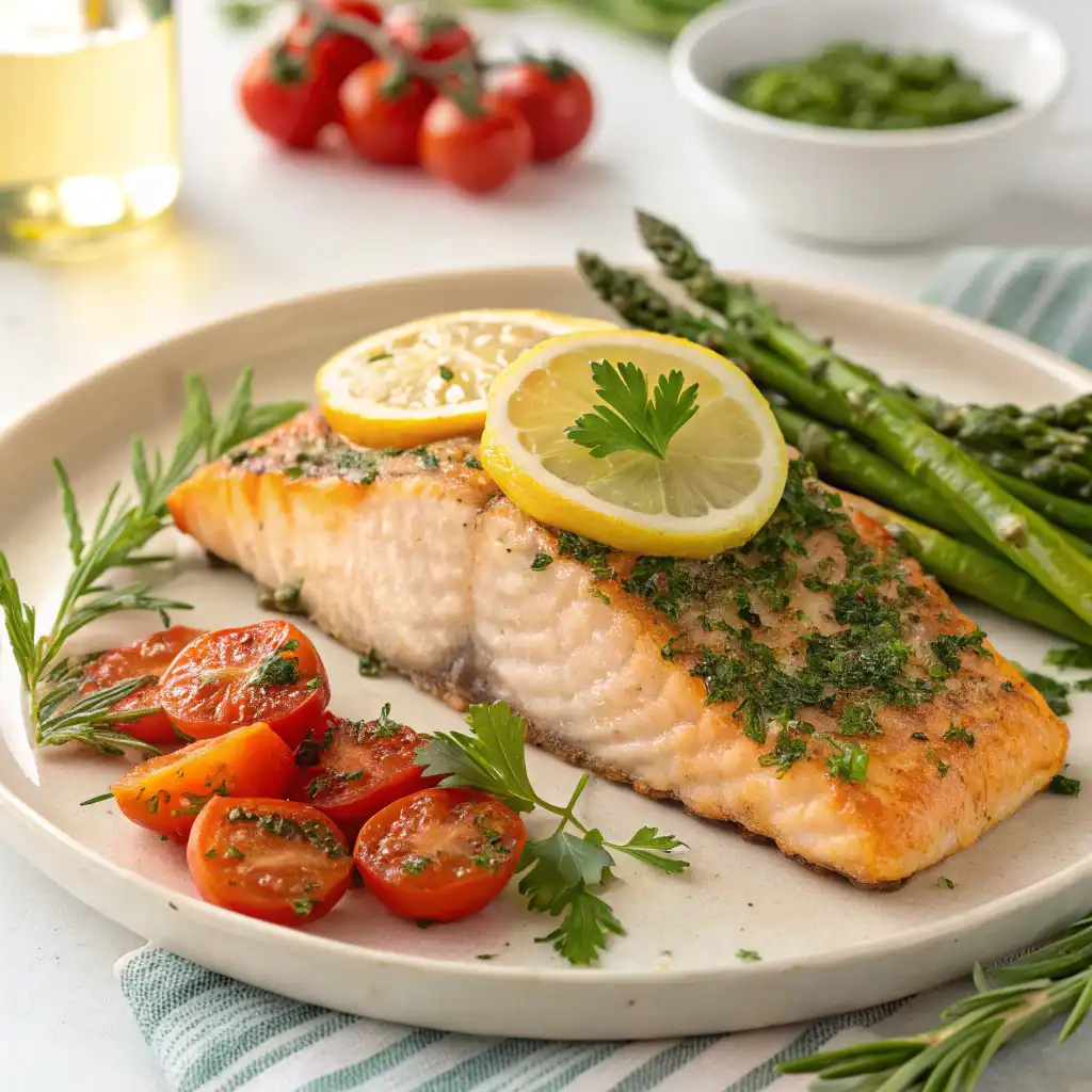 Grilled lemon herb salmon with lemon wedges and fresh herbs, served with quinoa and roasted vegetables on a white plate.