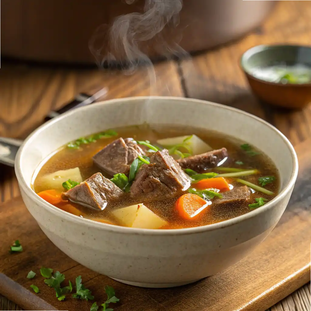 A pot of homemade bone broth with soup bones, vegetables, and herbs simmering on the stove.