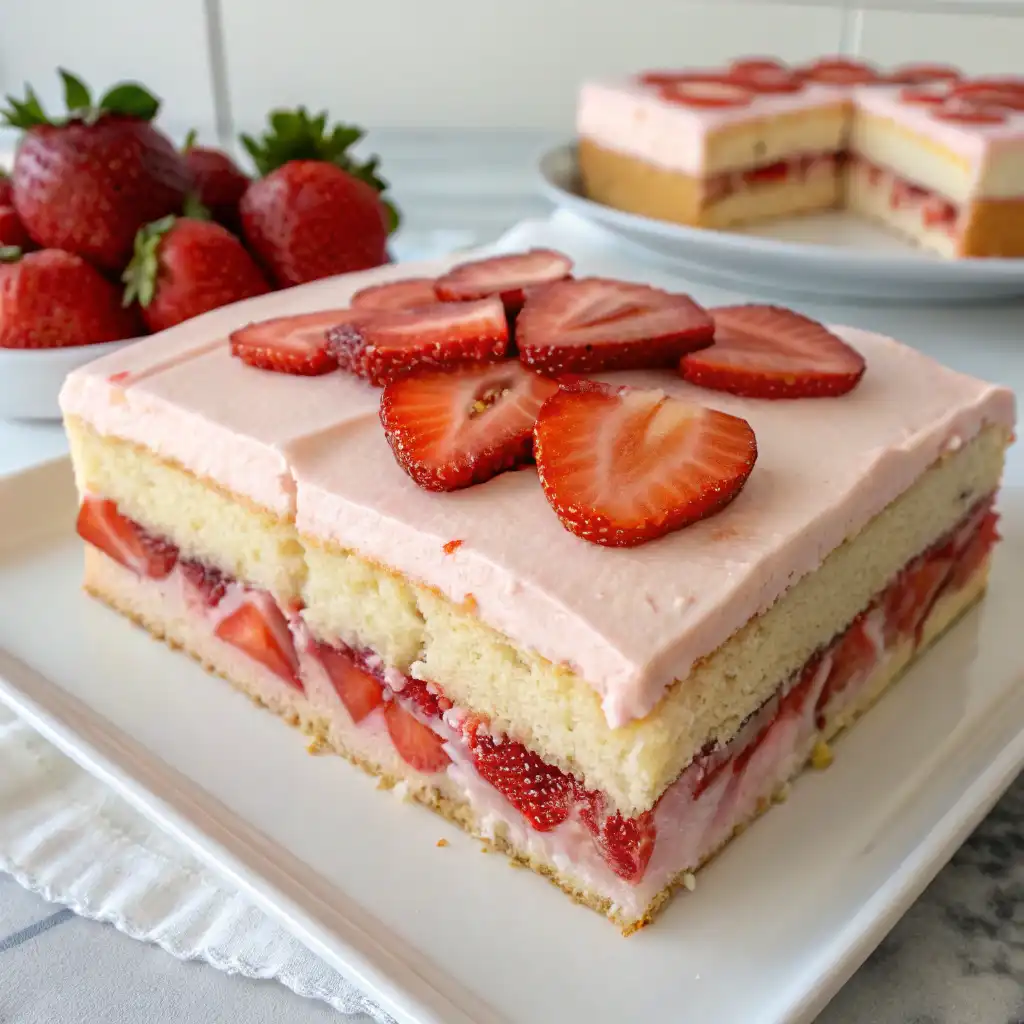 Strawberry sheet cake with creamy frosting and fresh strawberries on top.