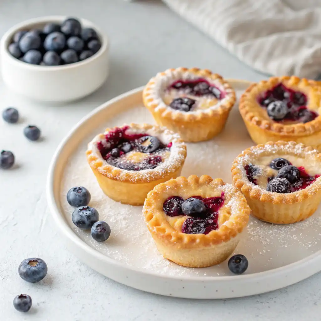 Mini blueberry pies with golden, flaky crusts and juicy blueberry filling, garnished with a light dusting of powdered sugar.