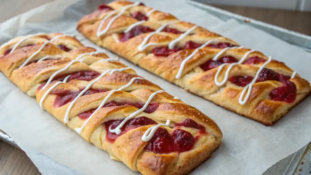 Two freshly baked braided pastries with a golden-brown crust, filled with fruit jam, and drizzled with glossy white icing on parchment paper.