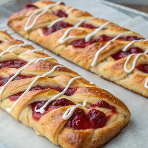 Two freshly baked braided pastries with a golden-brown crust, filled with fruit jam, and drizzled with glossy white icing on parchment paper.