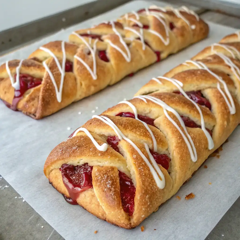 Two golden-brown braided pastries from a butter braid recipe, filled with fruit jam and drizzled with glossy white icing, placed on parchment paper for a rustic homemade look.