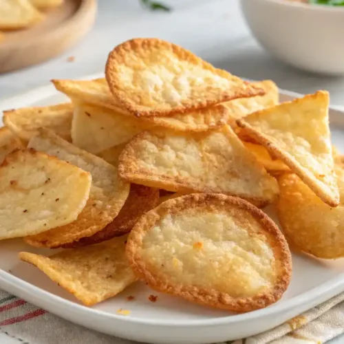 Crispy cottage cheese chips with seasoning, served on a plate, ready to eat.