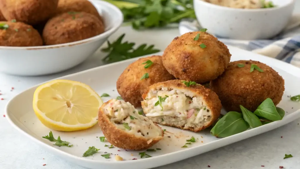 Delicious homemade crab balls served with dipping sauces on a plate.