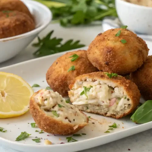 Delicious homemade crab balls served with dipping sauces on a plate.