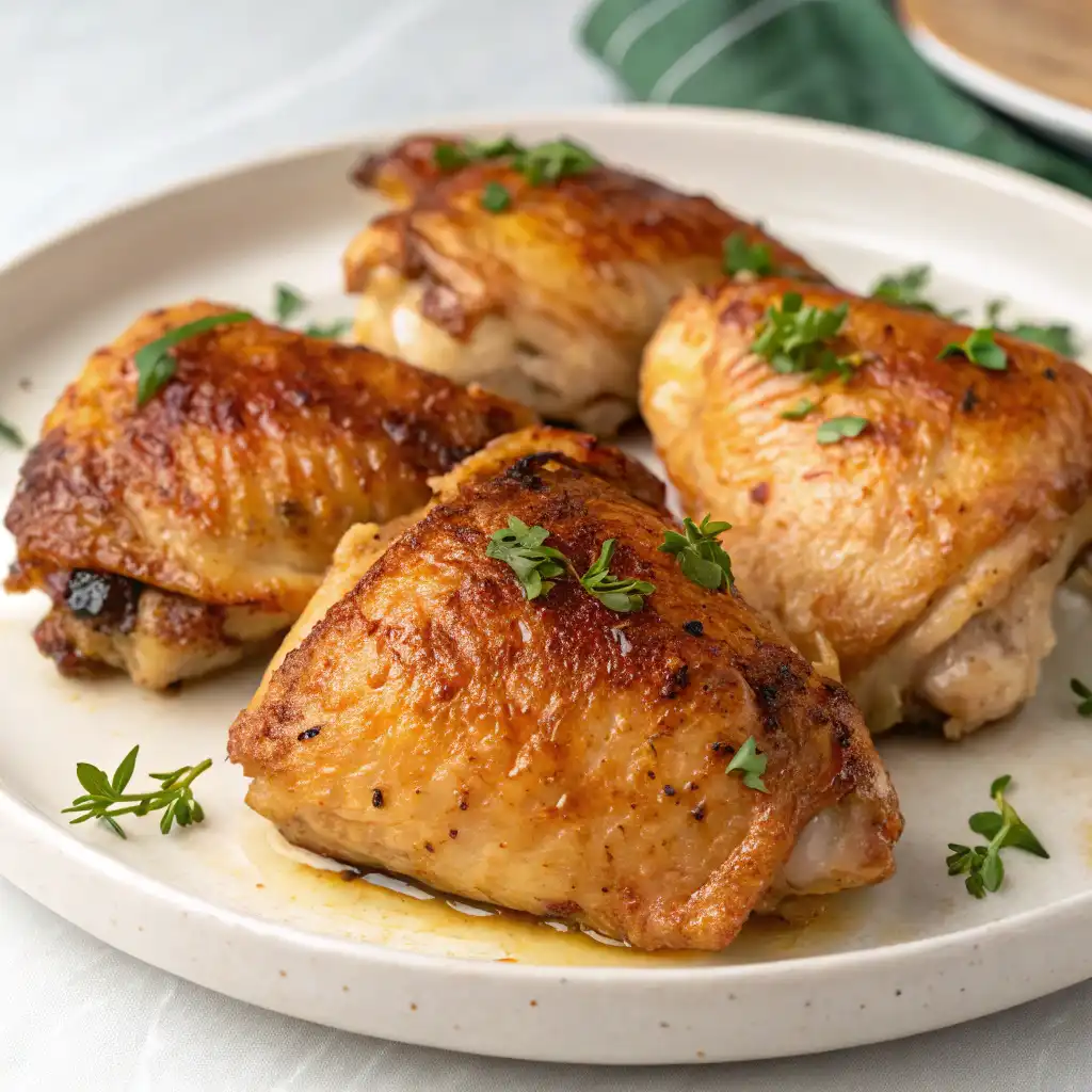 Juicy baked chicken thighs with crispy skin and fresh herbs, ready to serve.