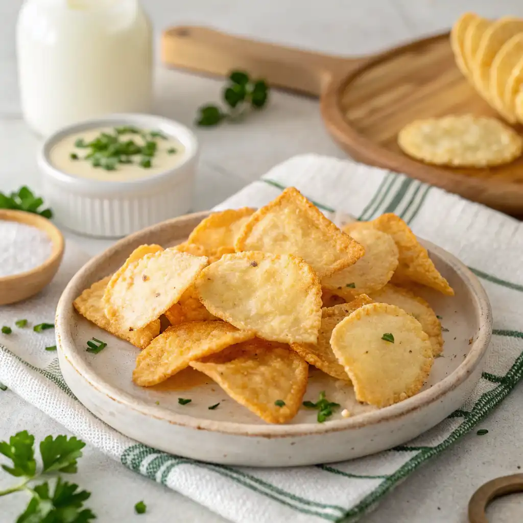 Golden, crispy cottage cheese chips garnished with seasoning and served on a plate.