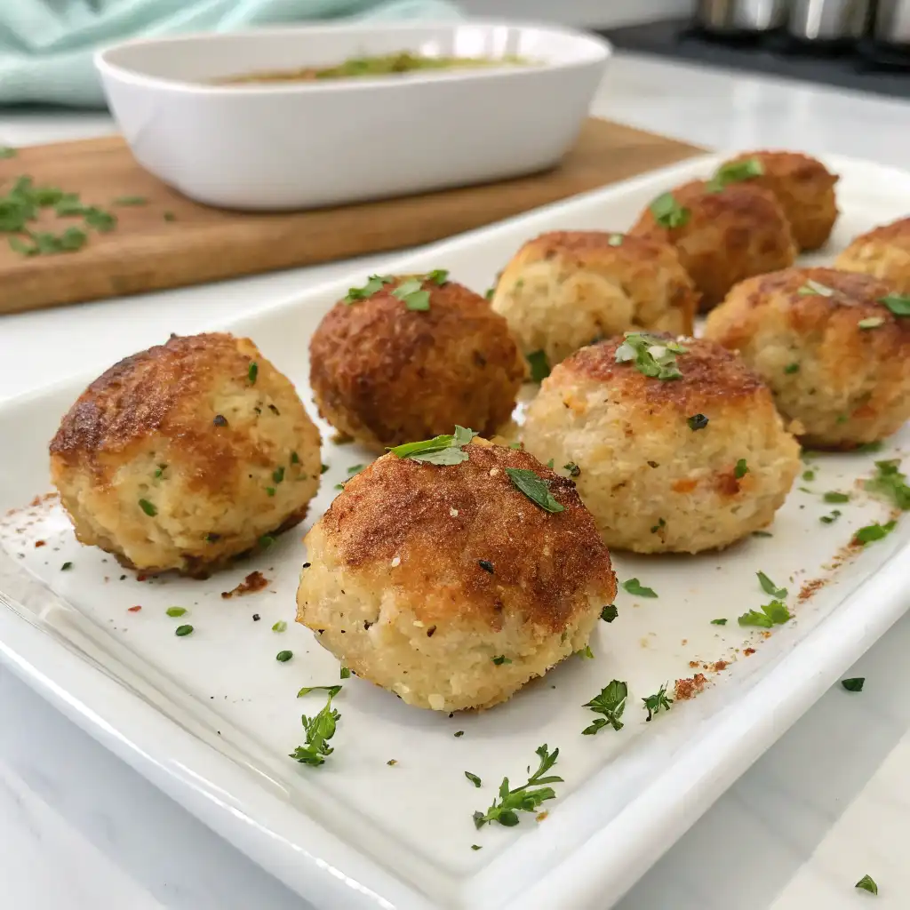 Golden brown crab balls served with a side of dipping sauce on a plate.