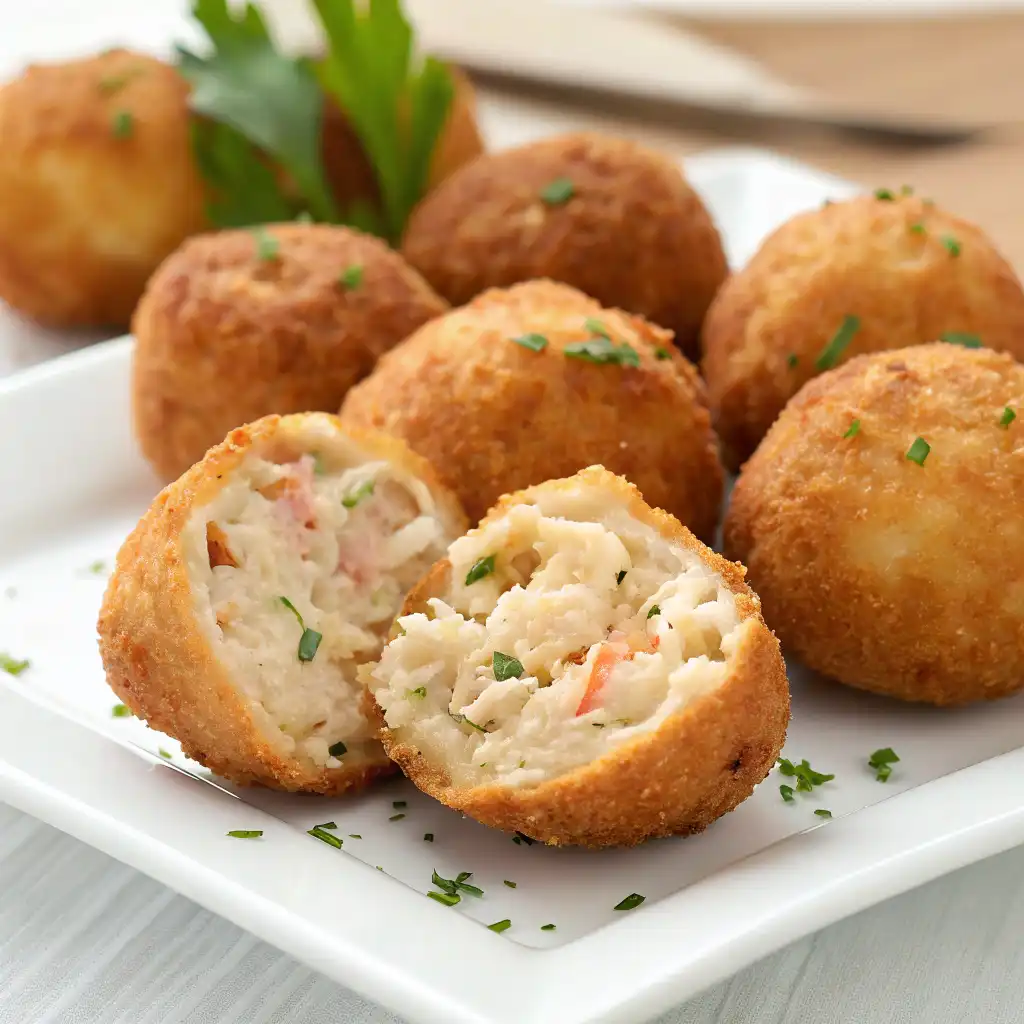 A platter of crispy crab balls served with garlic butter dip and lemon wedges.