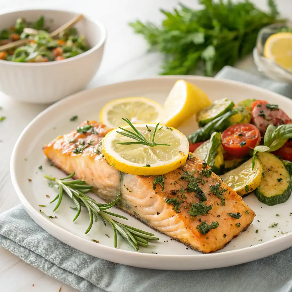 Grilled lemon herb salmon garnished with lemon slices and herbs, served with a side of roasted vegetables and quinoa.