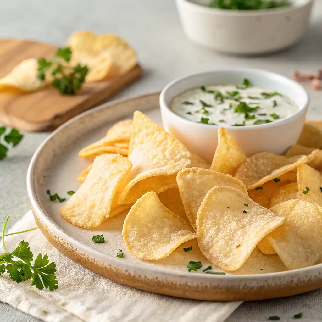 Homemade cottage cheese chips served with seasoning on a plate.