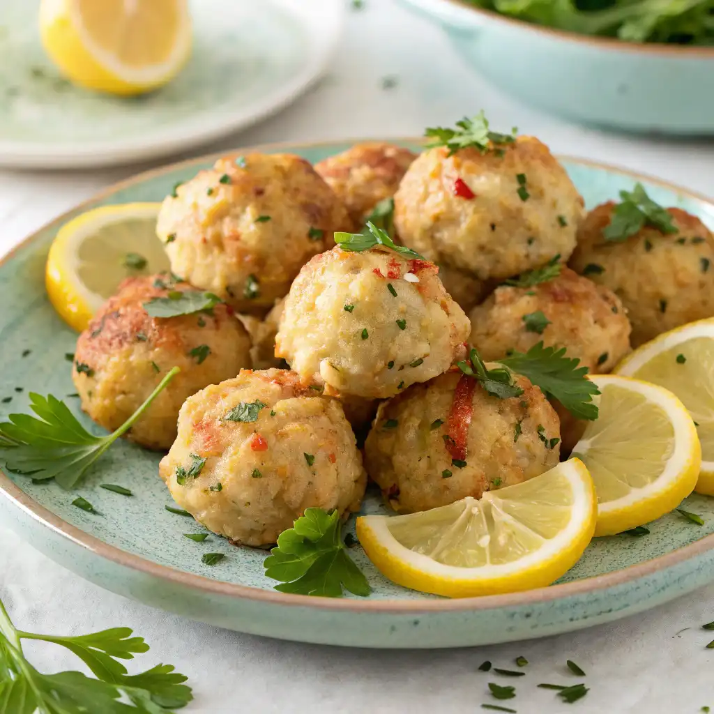 Crispy golden crab balls recipe with a side of cocktail sauce on a plate.