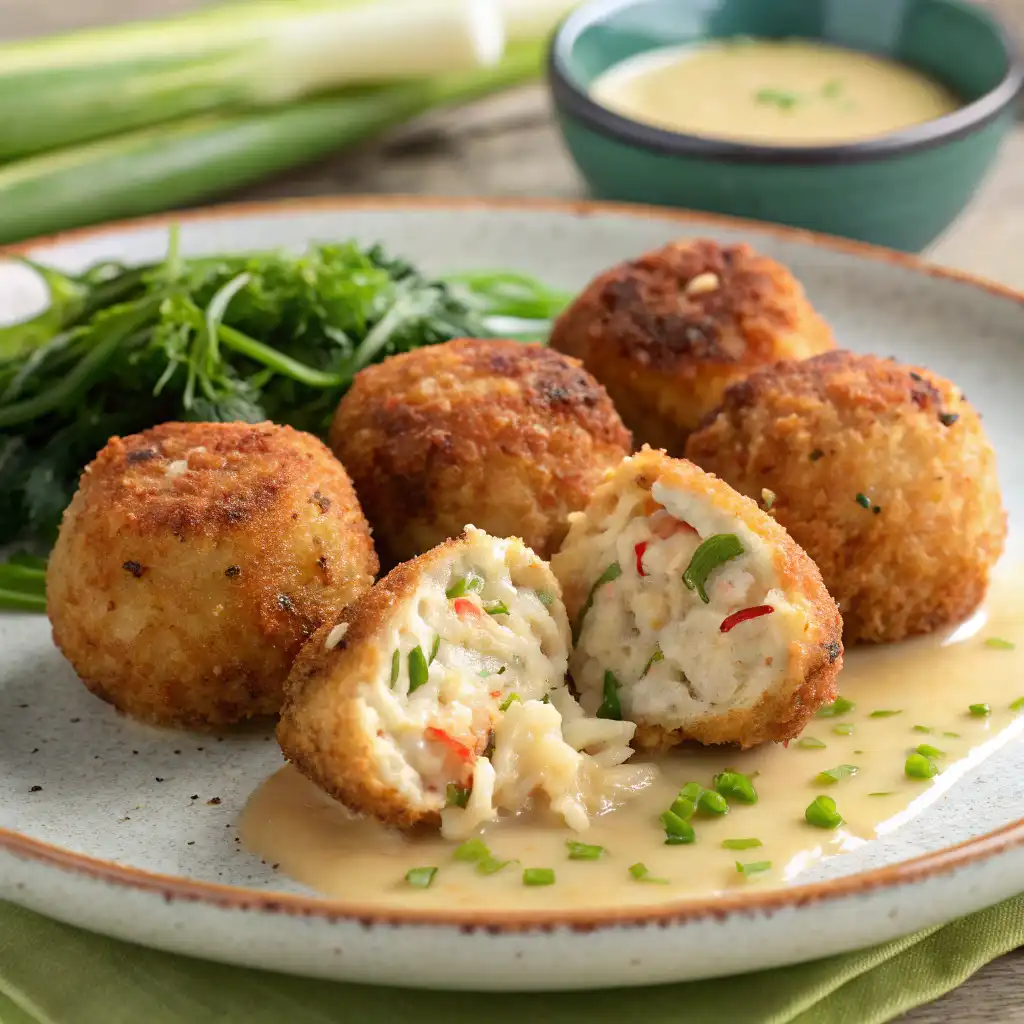 Homemade crab balls arranged on a platter with a side of tartar sauce.