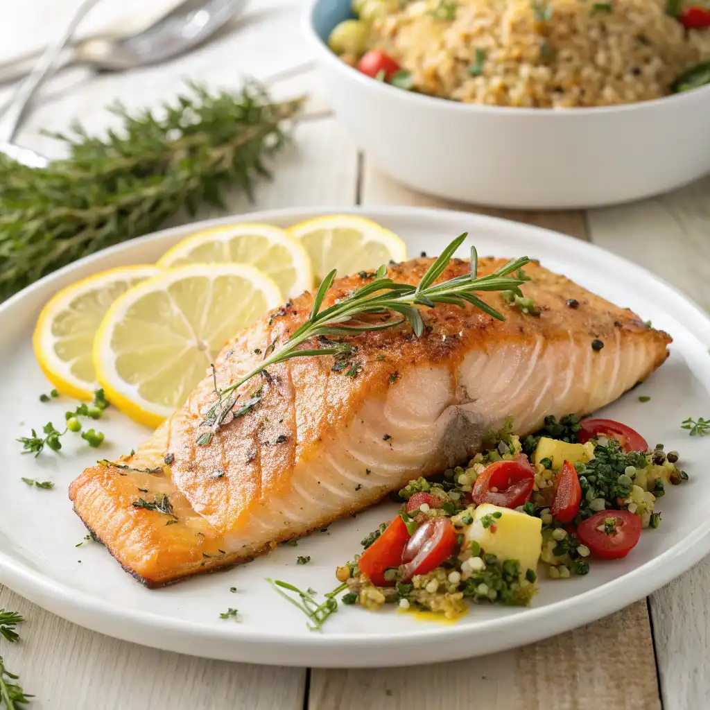 Grilled lemon herb salmon served with a side of fresh veggies and quinoa on a rustic wooden table.