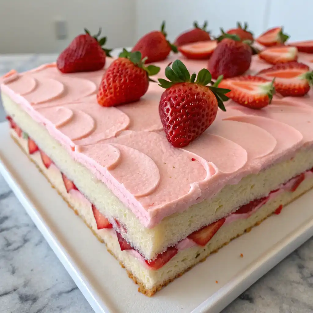 Fluffy strawberry sheet cake with cream cheese frosting and fresh strawberry slices.