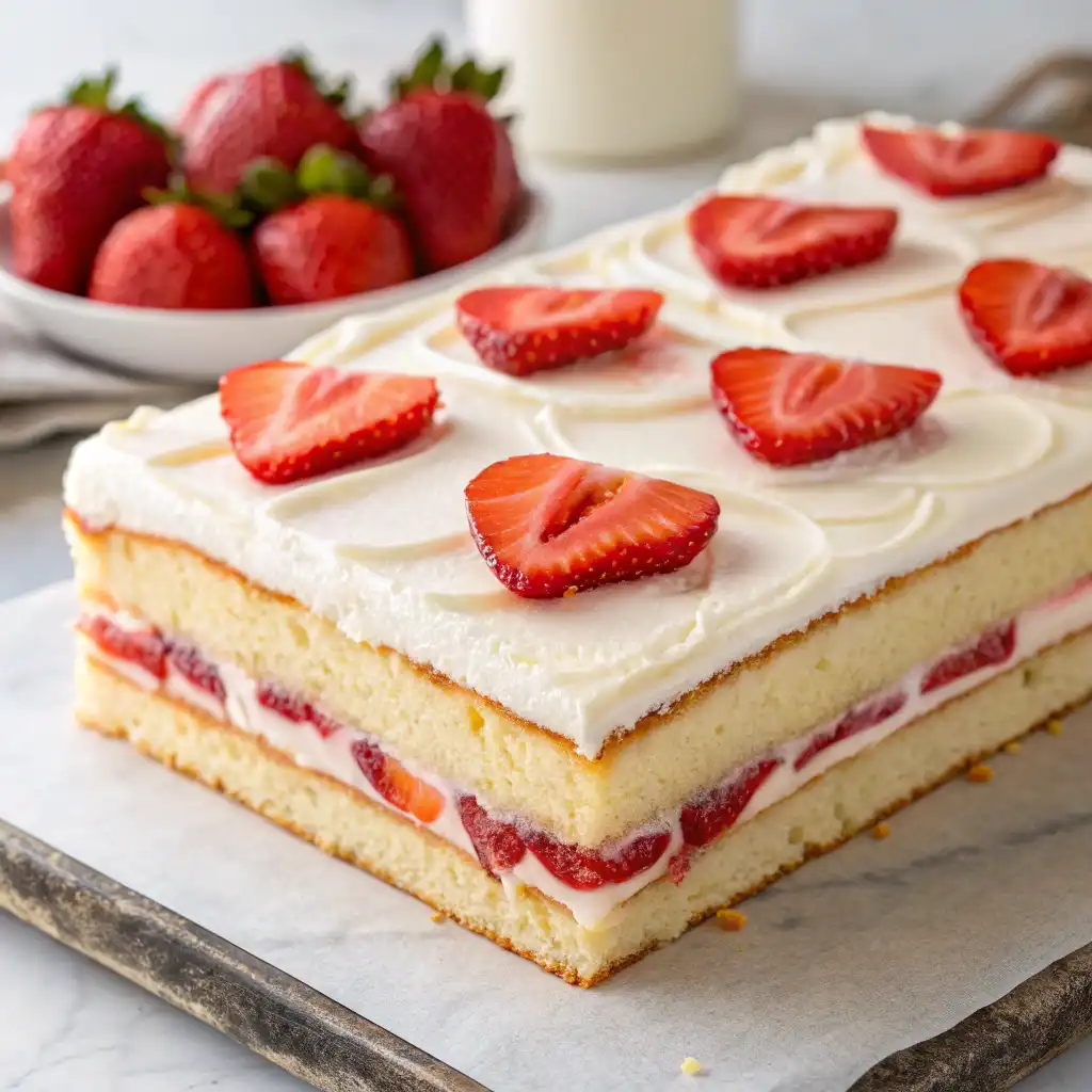 Fluffy strawberry sheet cake with creamy frosting and fresh strawberry slices on top.