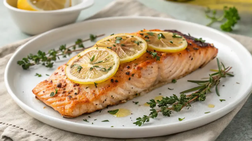 Grilled lemon herb salmon garnished with fresh herbs and lemon slices, served with roasted vegetables and quinoa.