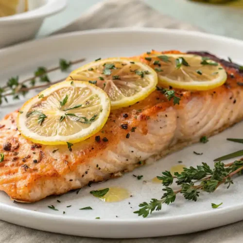 Grilled lemon herb salmon garnished with fresh herbs and lemon slices, served with roasted vegetables and quinoa.