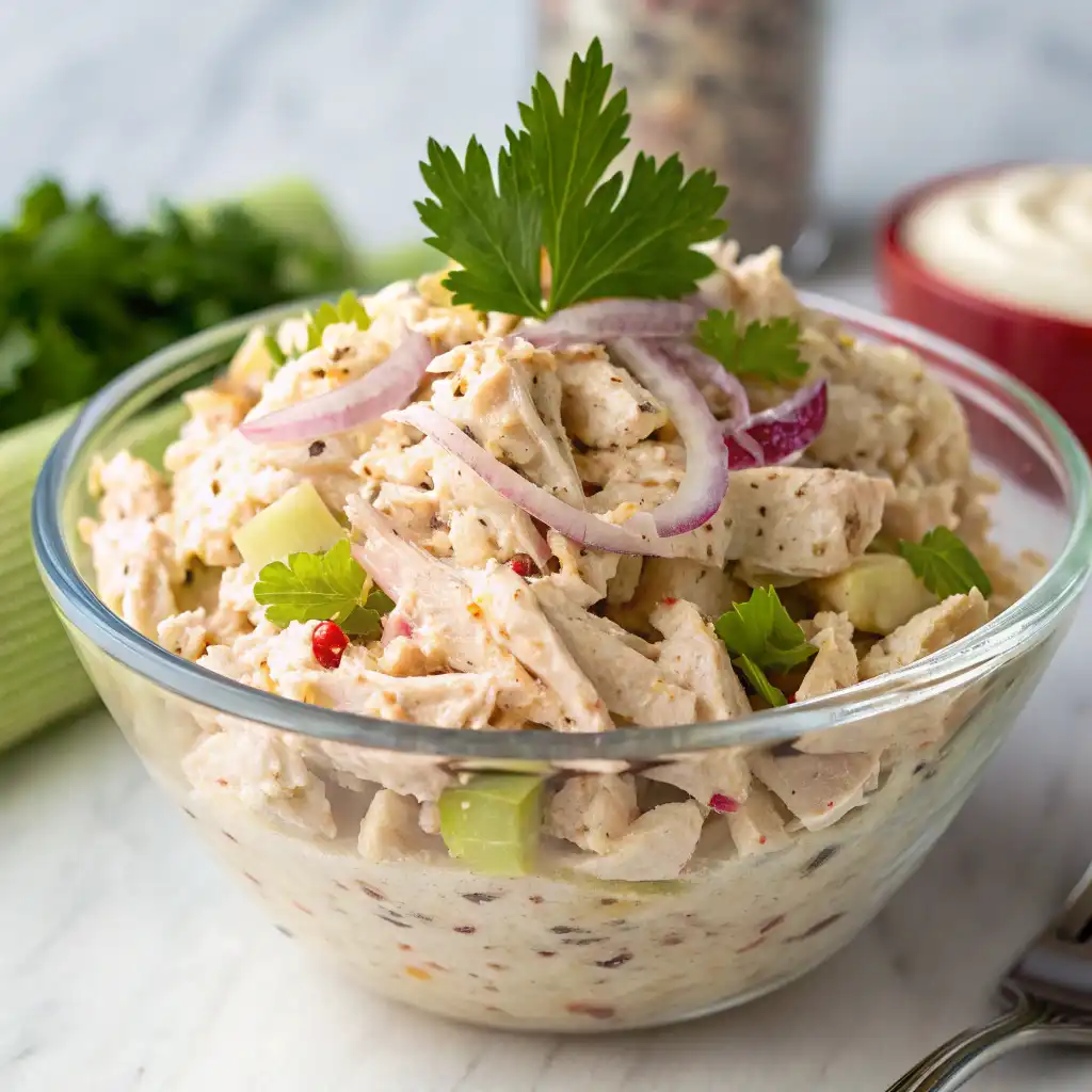 Canned chicken salad served with crackers and veggies for a quick, tasty meal.