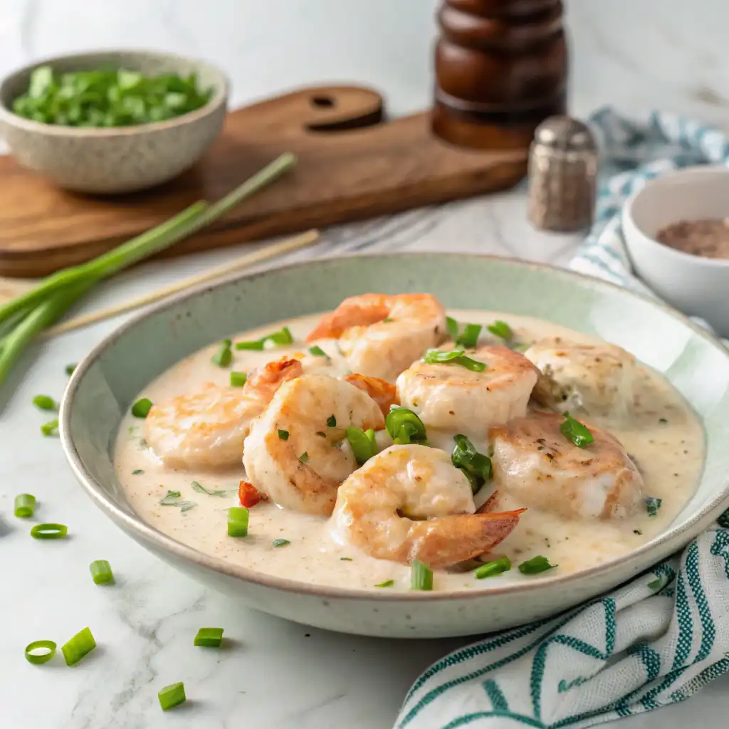  Creamy Coconut Shrimp Recipe with white sauce and green onion garnish, served on a marble countertop.