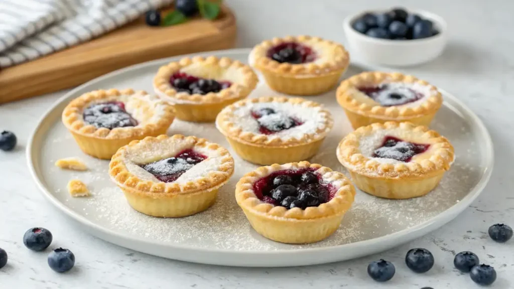 Freshly baked mini blueberry pies with flaky golden crusts and vibrant blueberry filling, garnished with powdered sugar.