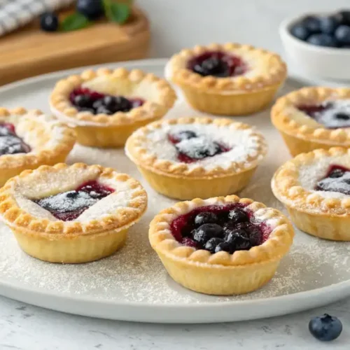 Freshly baked mini blueberry pies with flaky golden crusts and vibrant blueberry filling, garnished with powdered sugar.