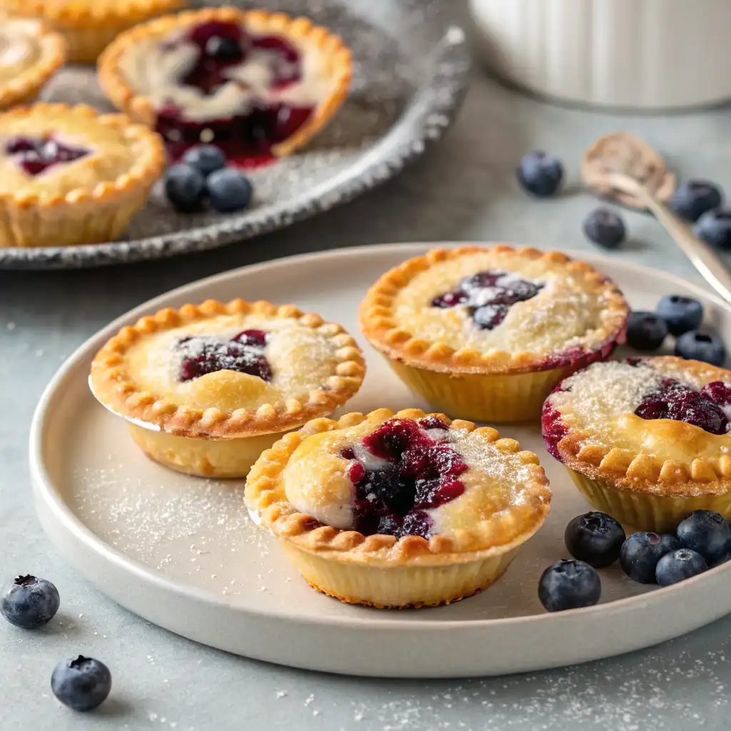 A tray of mini blueberry pies with a golden, flaky crust and a bubbling blueberry filling.