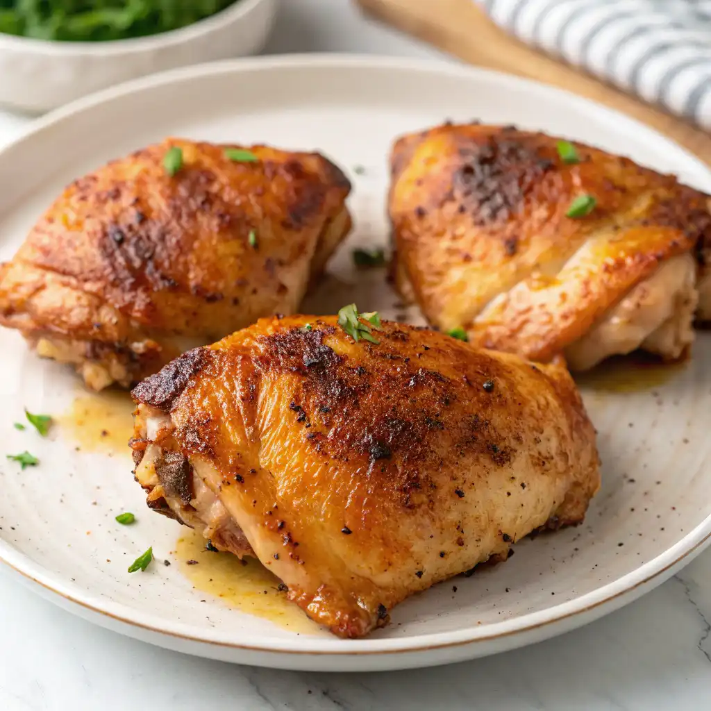 Perfectly baked chicken thighs with crispy skin and seasoned to perfection.